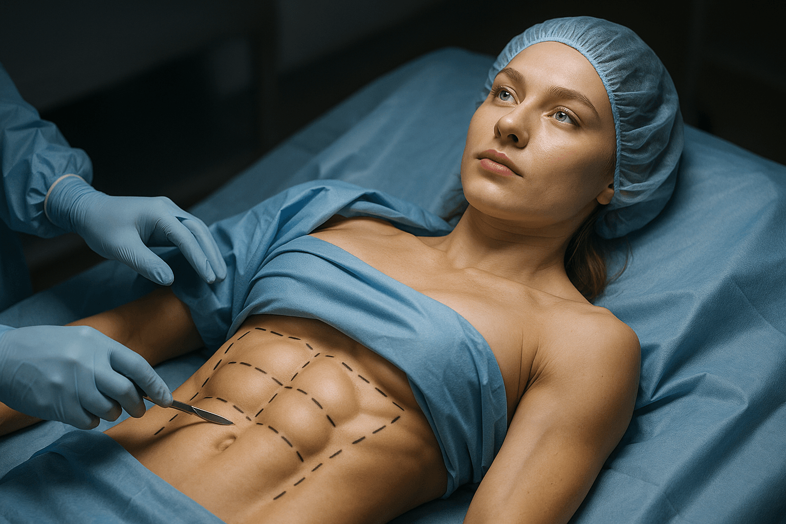 showing a woman under six-pack surgery operation