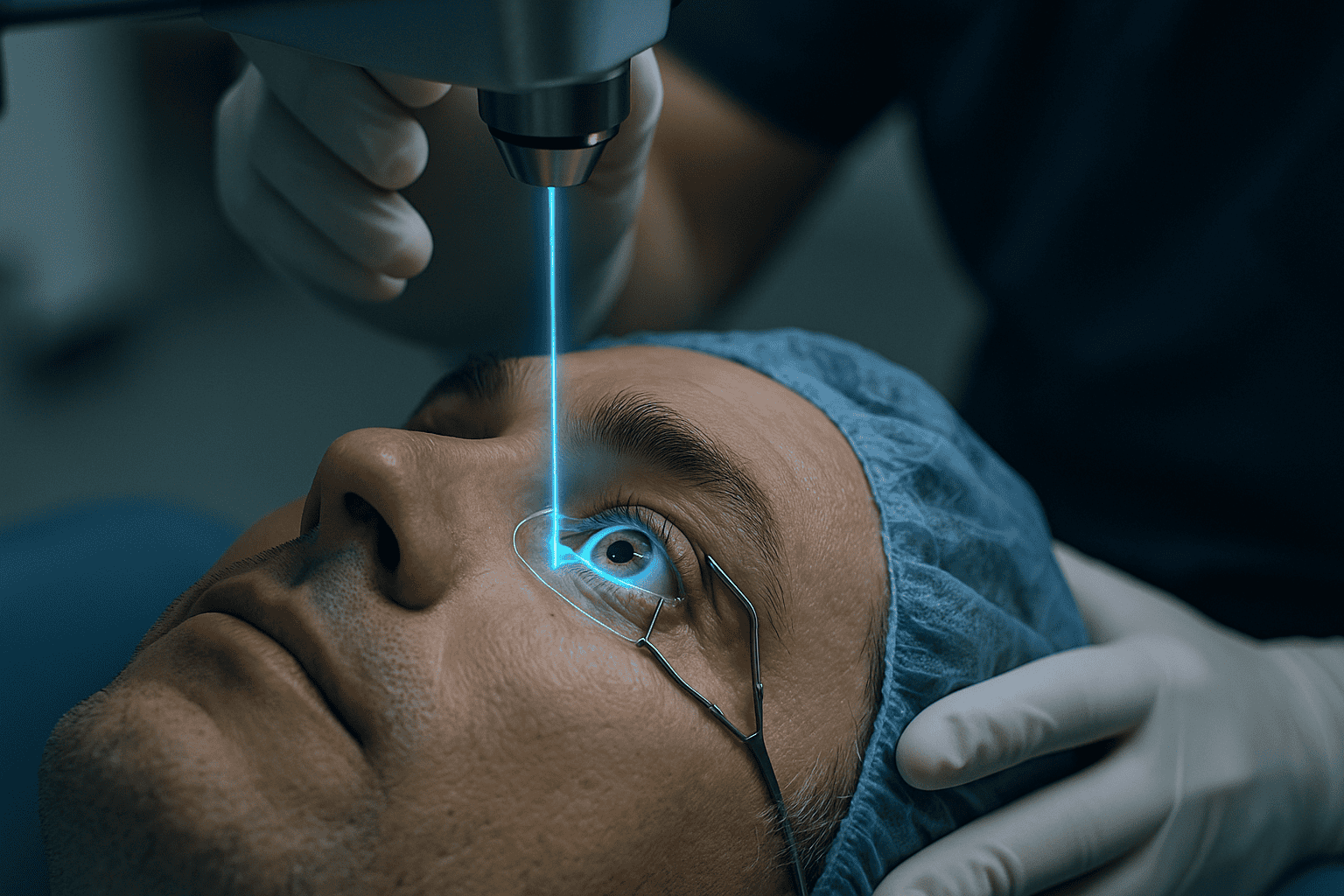 Showing a man under laser eye surgery for eye color change