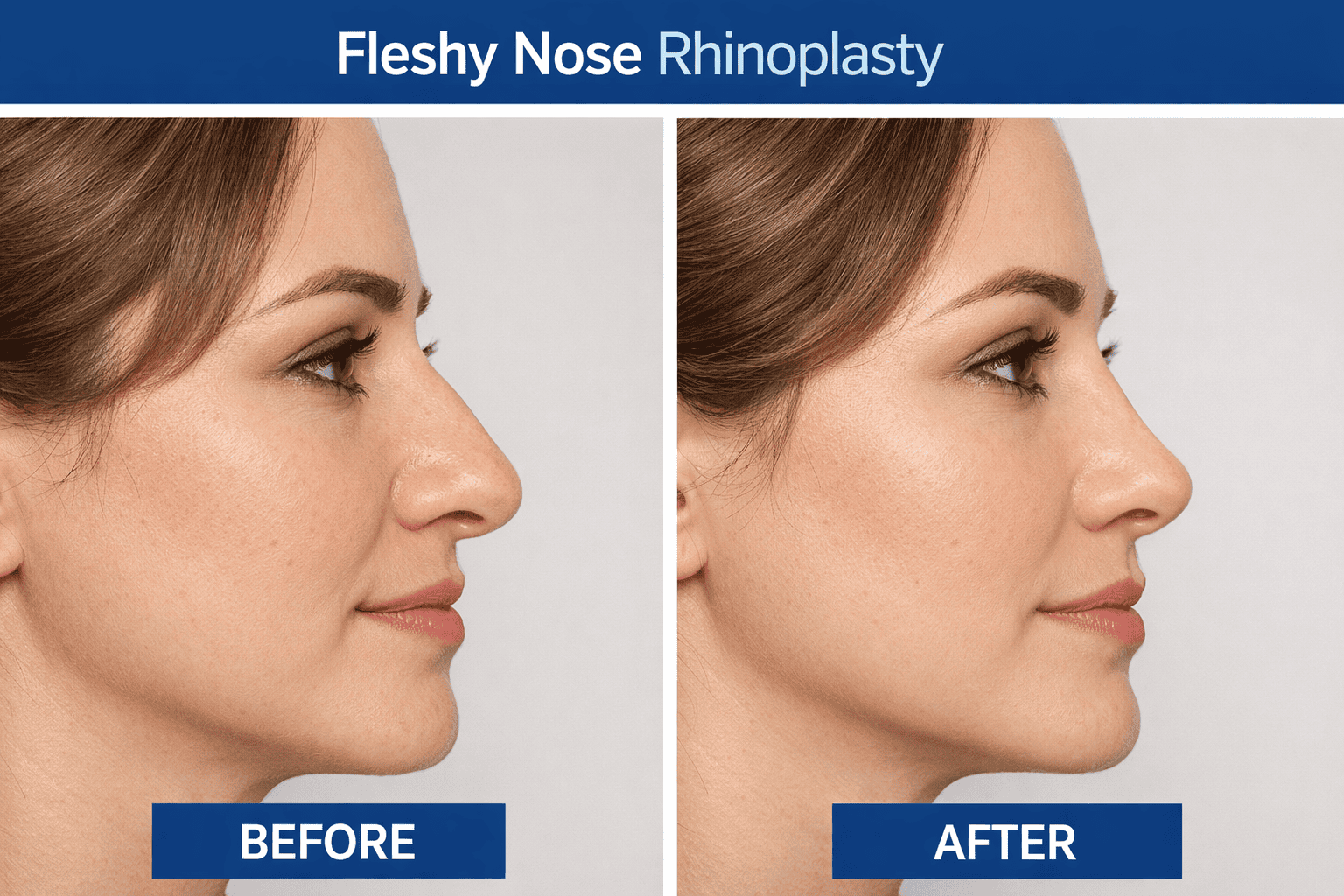 before and after image of a fleshy nose rhinoplasty or nose job from side view