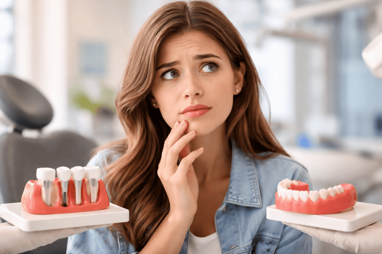 A pretty girl who is hesitant about dental implants or its alternatives including veneers