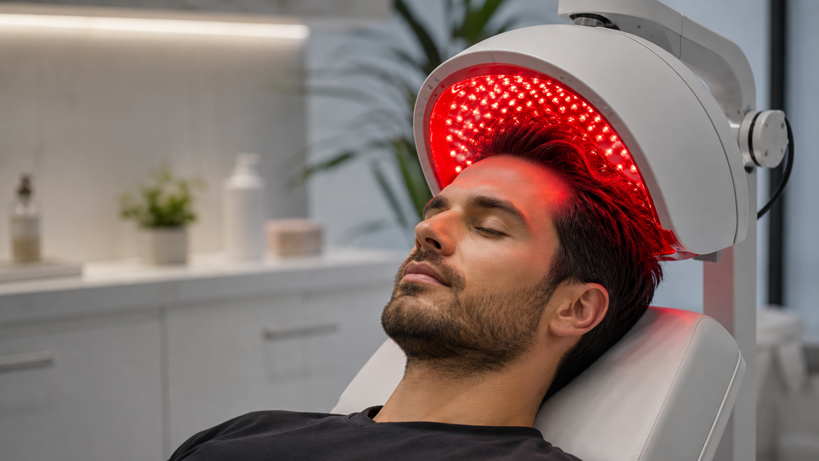 a man under redlight therapy for hair restoration